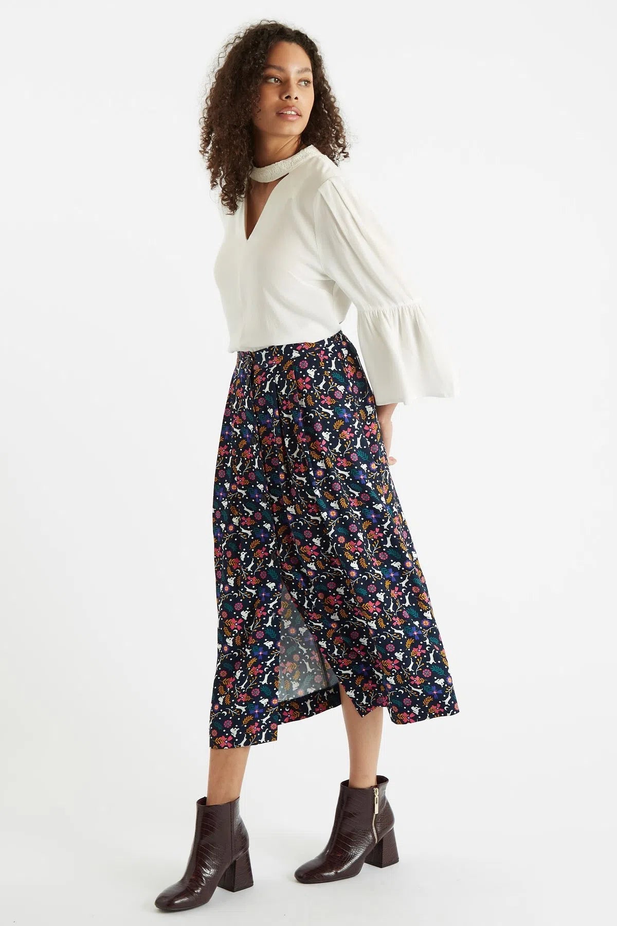 Bia Rabbit Print Button Through Midi Skirt