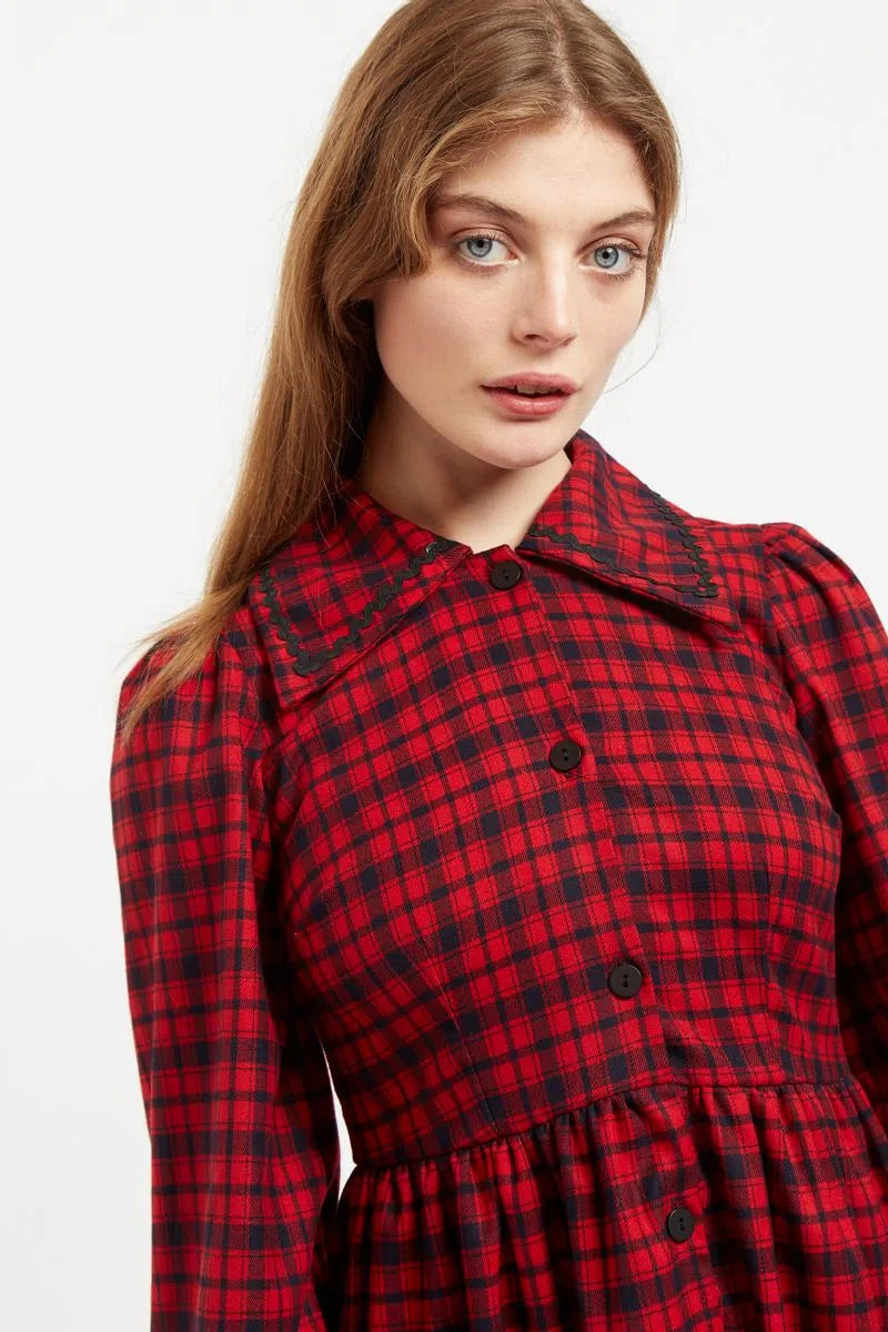 Louche Cailin Winter Gingham Midi Shirt Dress in Red and Black