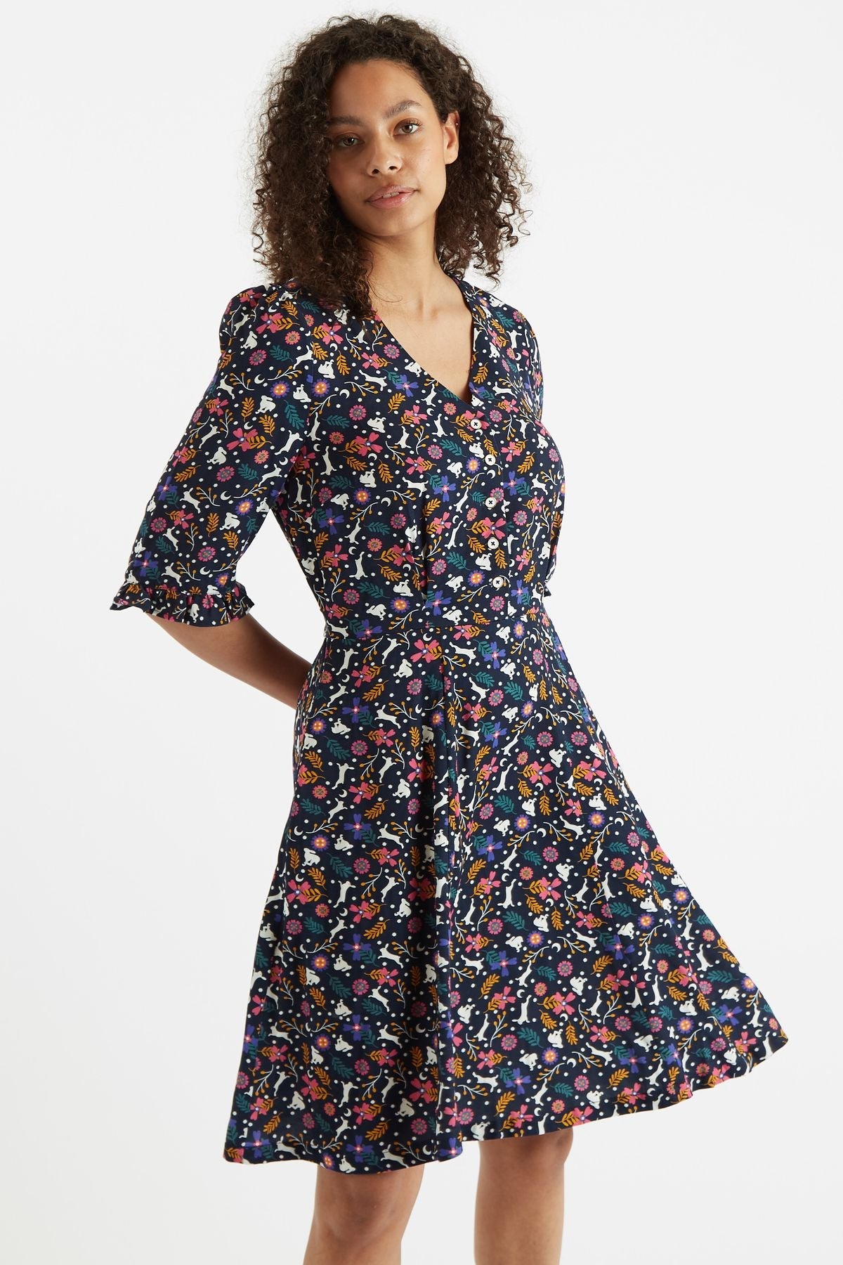 Caitlin Rabbit Print V Neck Mini Dress