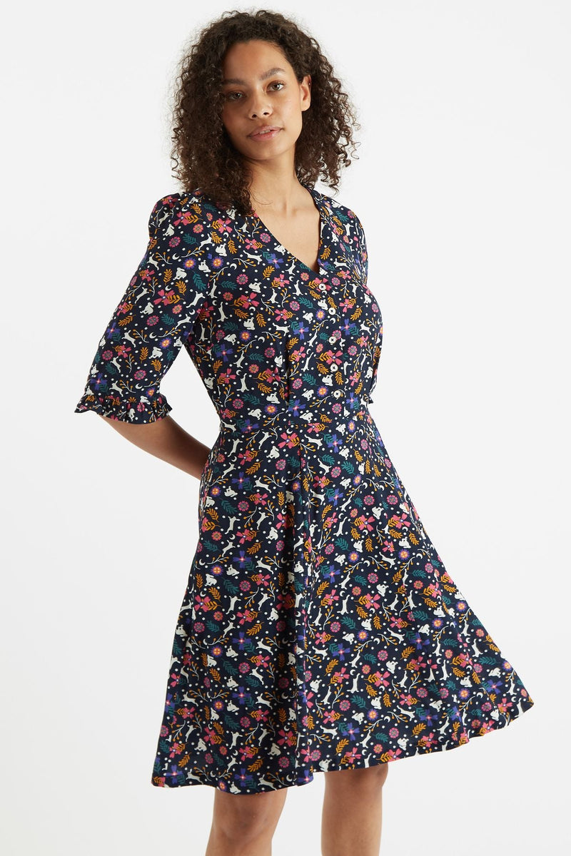 Louche Caitlin White Rabbit Print V Neck Mini Dress - Front