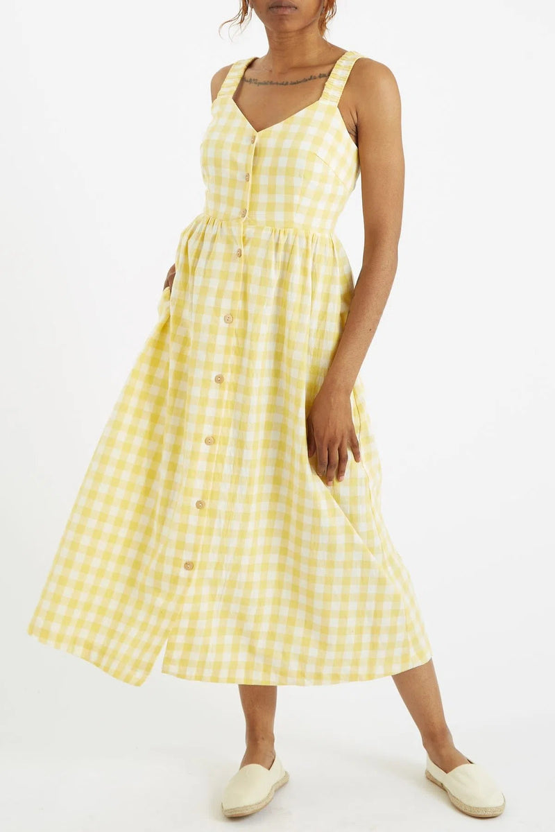 Clover Picnic Check Button Through Midi Sundress - Yellow