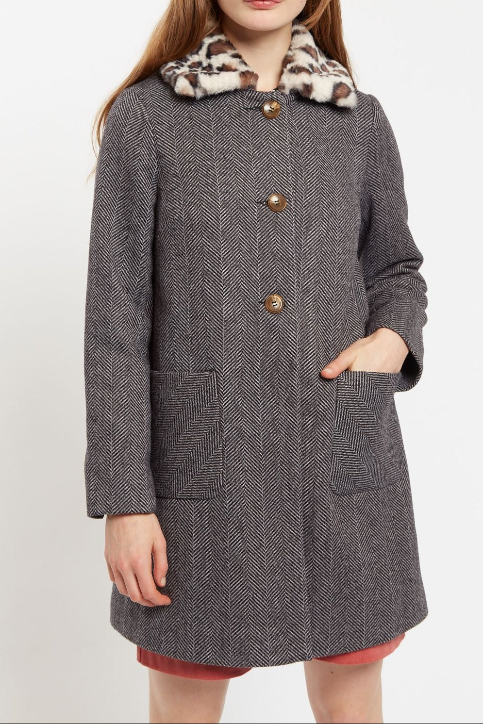 Dryden Herringbone Faux Fur Collar Line Coat