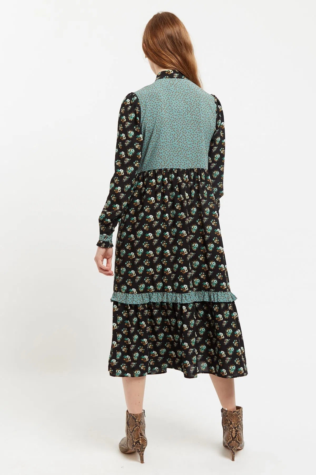 Louche Elsie Posy Patchwork Print  Tiered Long Sleeve Midi Dress