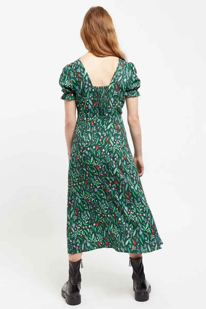 Louche Flo Folk Floral Print Puff Sleeve Midi Dress