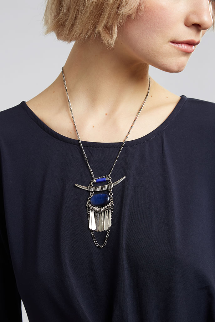 Sparrow Horn And Stone Necklace Silver - Front