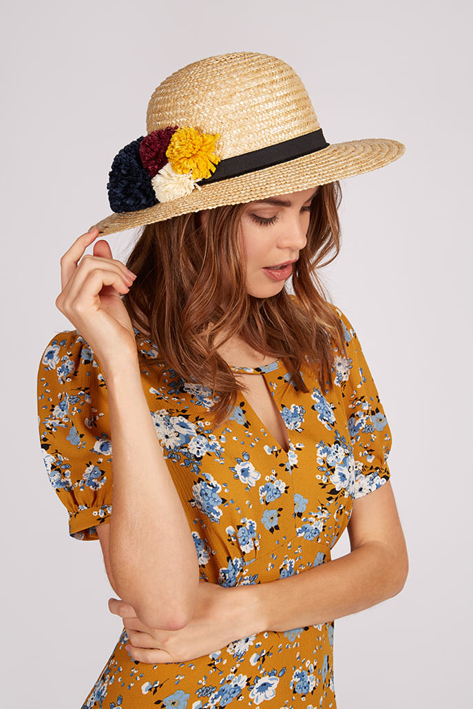 Louche Louise Straw Boater With Raffia Pom - Front