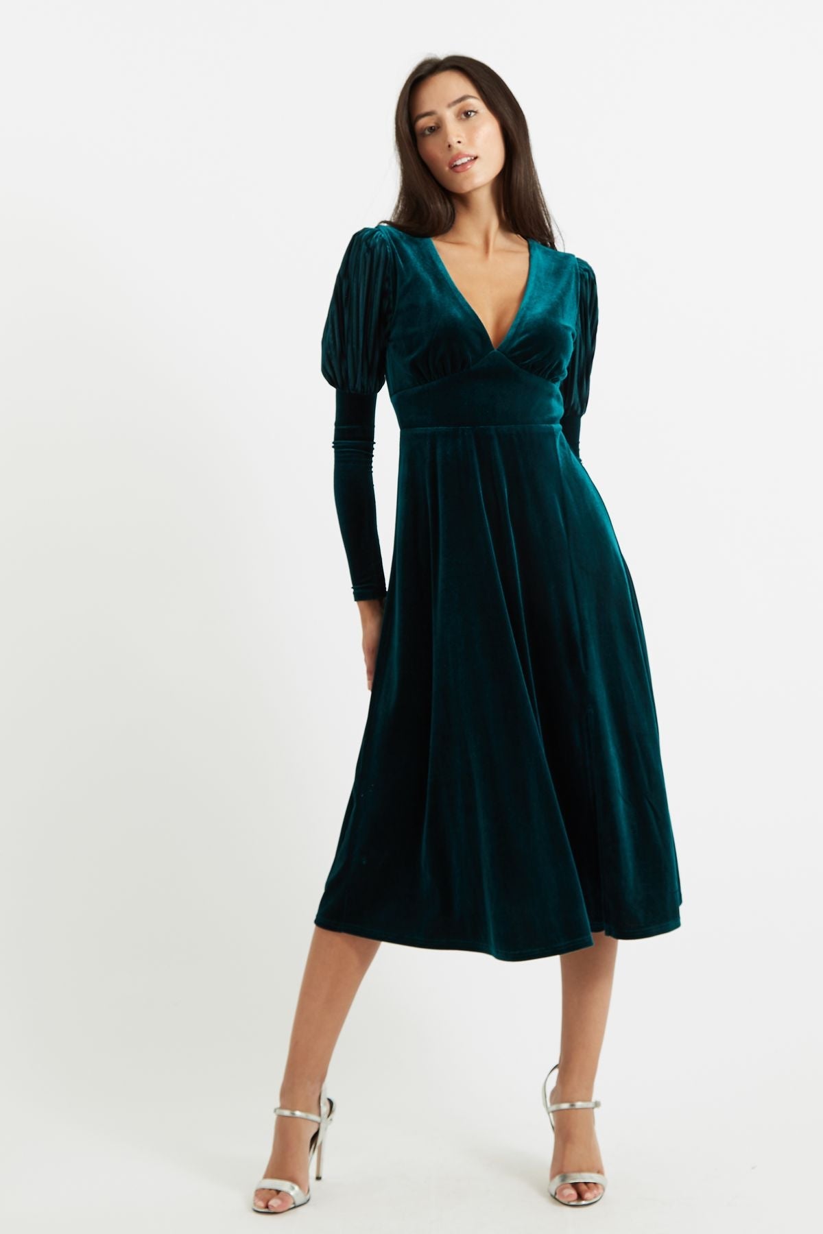 Moa Velvet Stripe V Neck Midi Dress