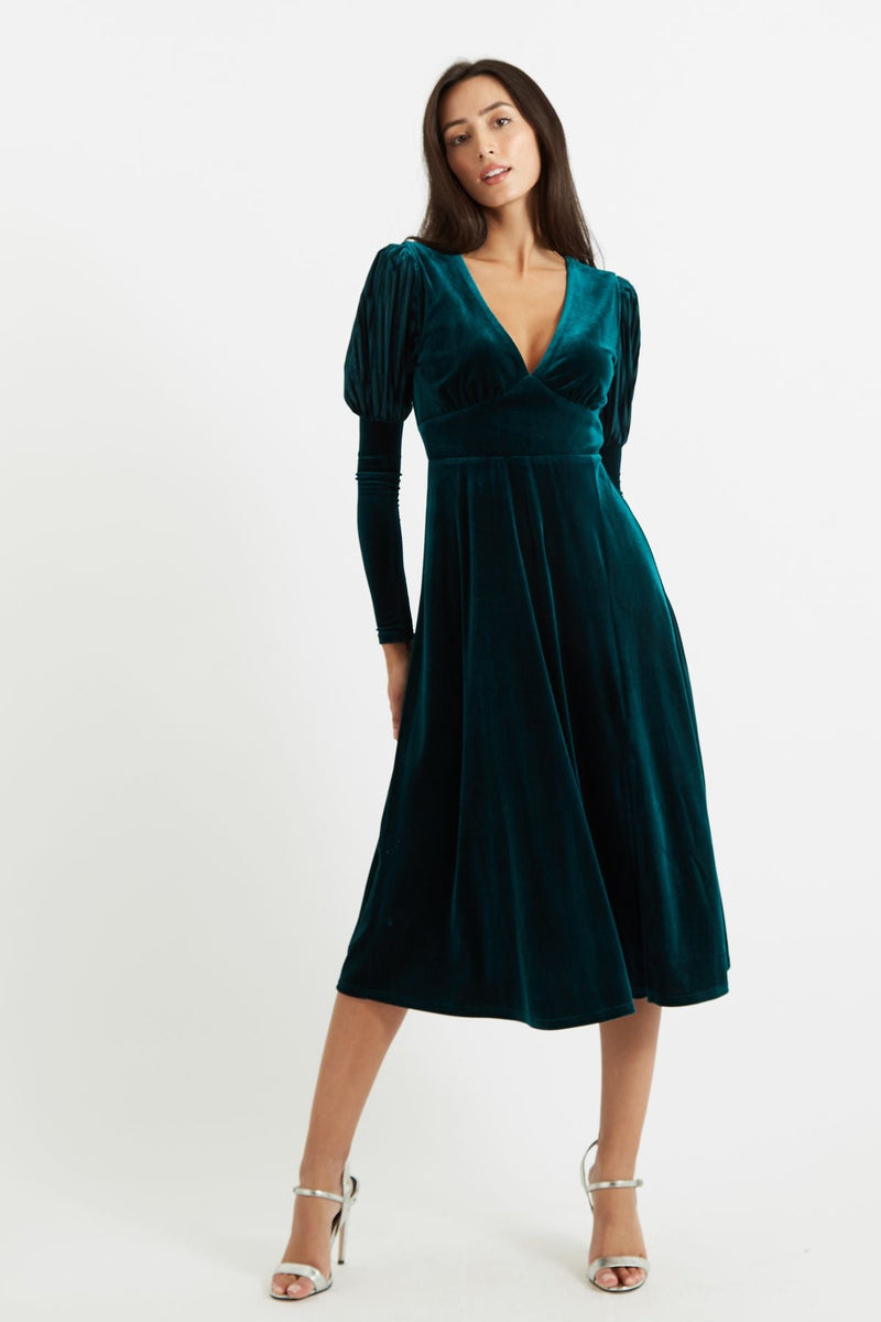 Louche Moa Velvet Stripe V Neck Midi Dress - Front
