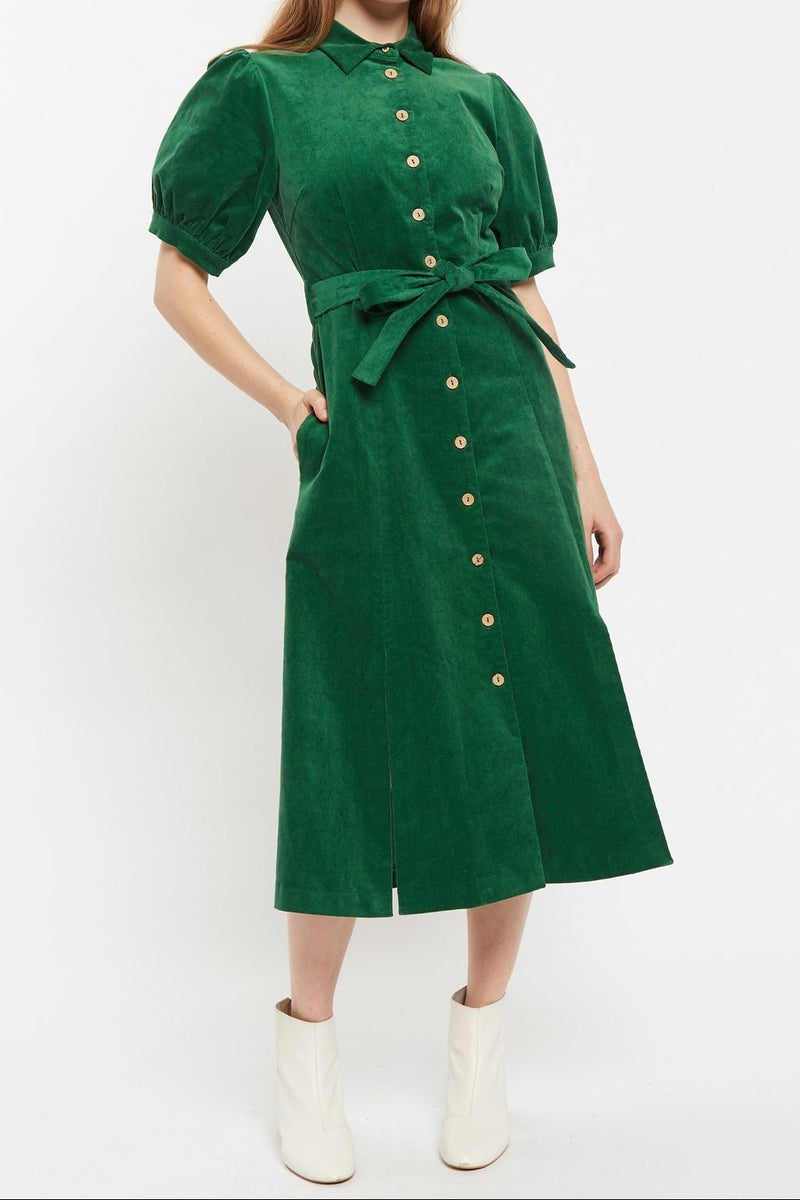 Louche Mollie Baby Cord Puff Sleeve Midi Shirtdress Green
