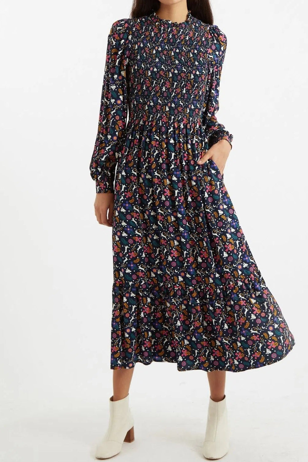 Peppi Rabbit Print Smocked Bodice Midi Dress