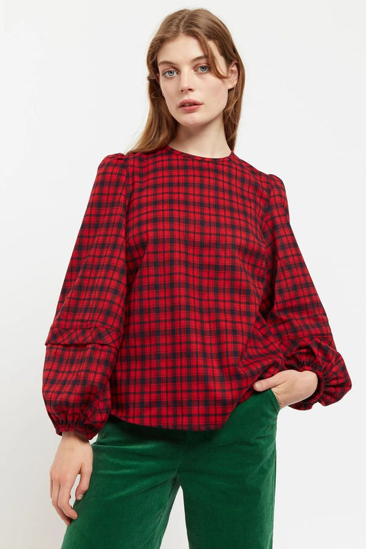 Louche Rivka Winter Gingham Long Sleeve Blouse in Red and Black