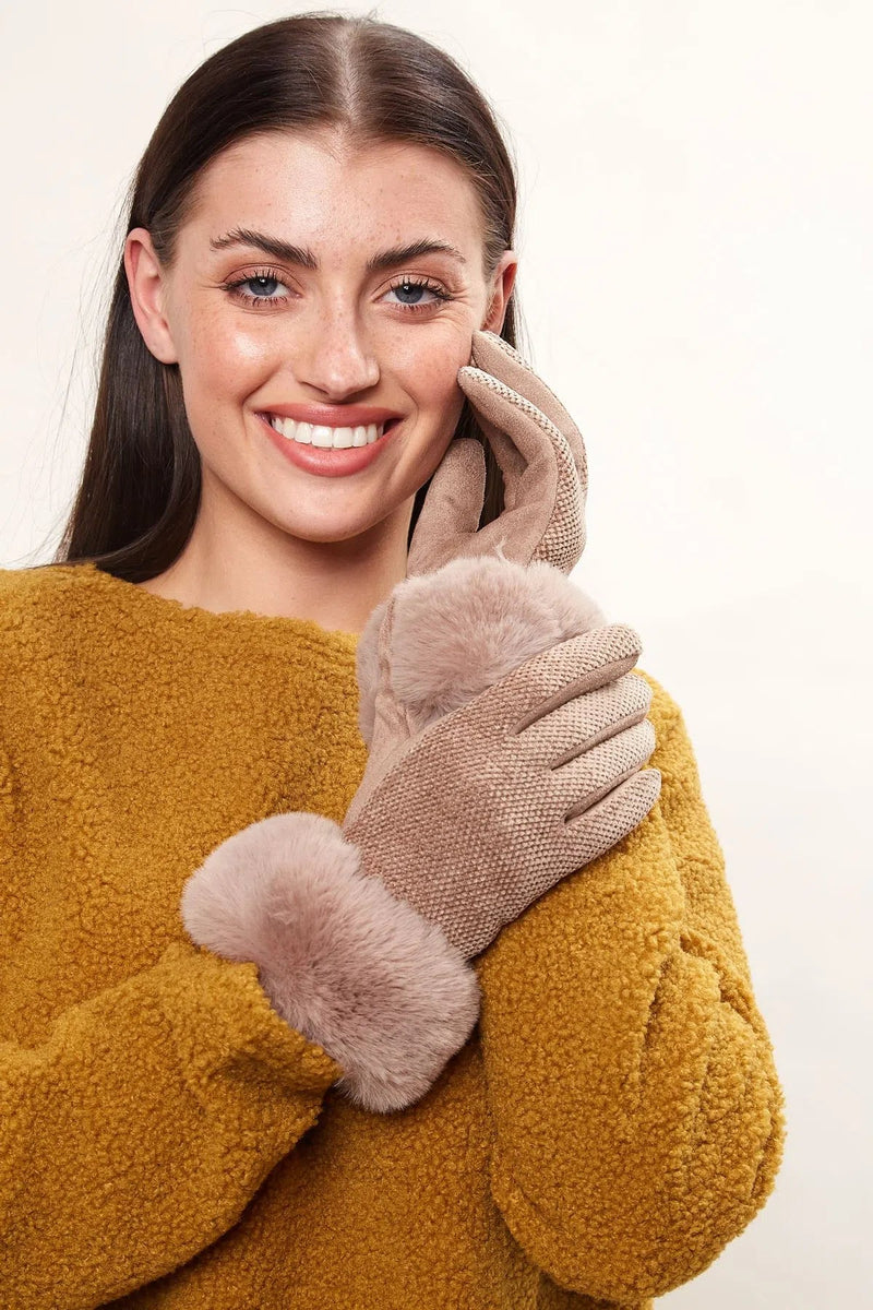 Louche Emer Faux Suede And Fur Cuffed Touch Screen Gloves - Stone - Front