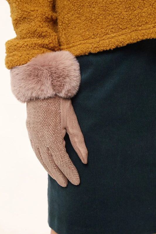 Louche Emer Faux Suede And Fur Cuffed Touch Screen Gloves - Stone