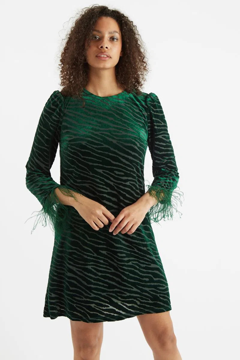 Louche Celie Zebra Devore Feather Trimmed Mini Dress Green Louche Celie Zebra Devore Feather Trimmed Mini Dress Green
