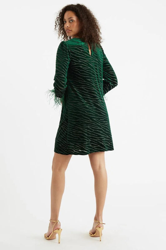 Louche Celie Zebra Devore Feather Trimmed Mini Dress Green