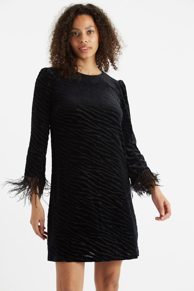 Louche Celie Zebra Devore Feather Trimmed Mini Dress Black - Front